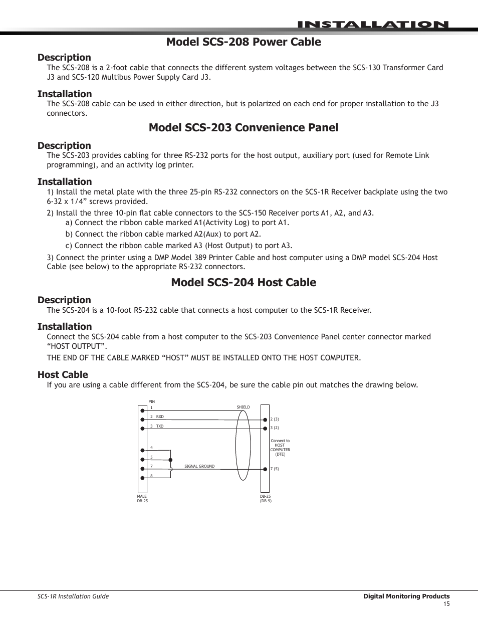 Model scs-208 power cable, Description, Installation | Model scs-203 convenience panel, Model scs-204 host cable, Host cable | DMP Electronics Security Control Receiver SCS-1R User Manual | Page 20 / 42