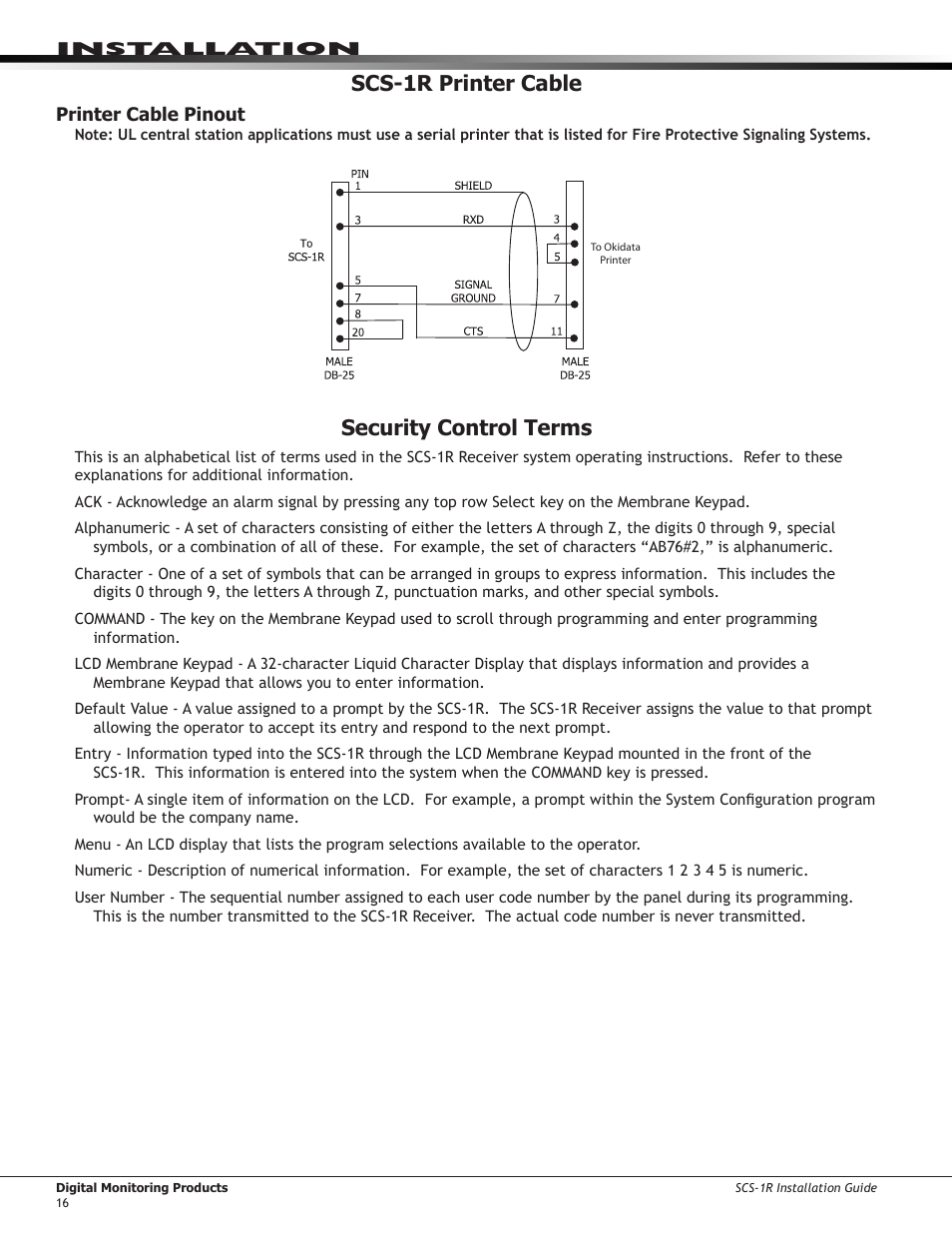 Scs-1r printer cable, Printer cable pinout, Security control terms | DMP Electronics Security Control Receiver SCS-1R User Manual | Page 21 / 42