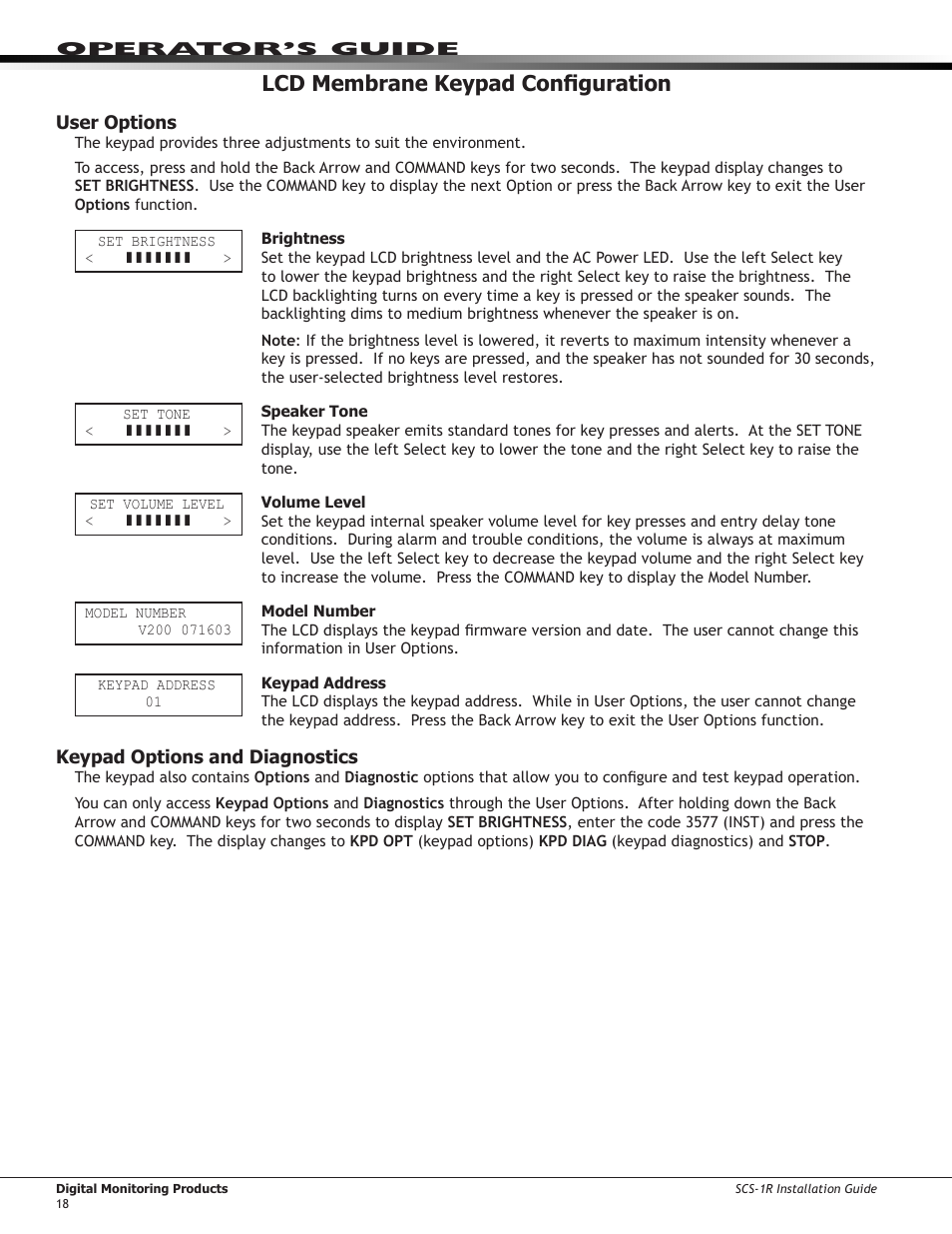 Lcd membrane keypad configuration, User options, Keypad options and diagnostics | DMP Electronics Security Control Receiver SCS-1R User Manual | Page 23 / 42