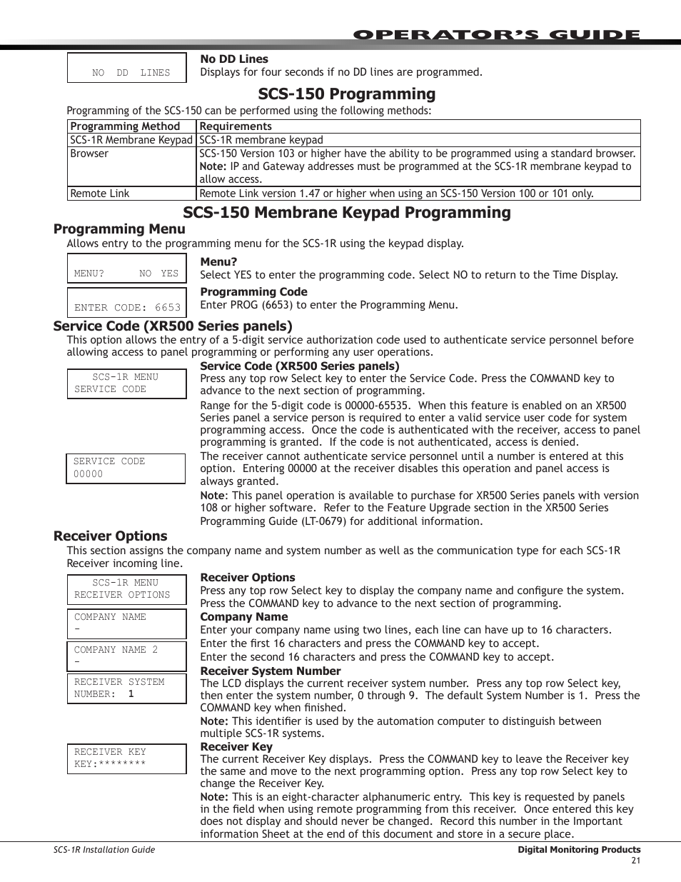 Scs-150 programming, Scs-150 membrane keypad programming, Programming menu | Service code (xr500 series panels), Receiver options | DMP Electronics Security Control Receiver SCS-1R User Manual | Page 26 / 42