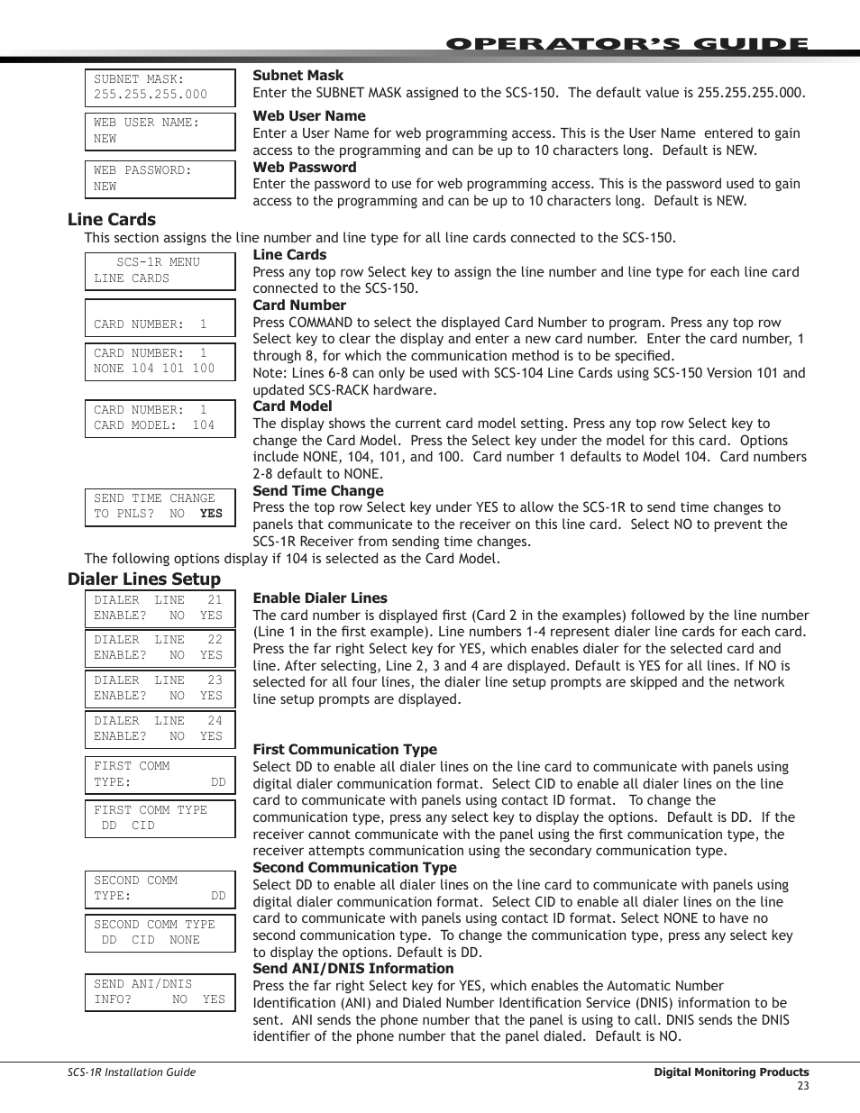 Line cards, Dialer lines setup | DMP Electronics Security Control Receiver SCS-1R User Manual | Page 28 / 42