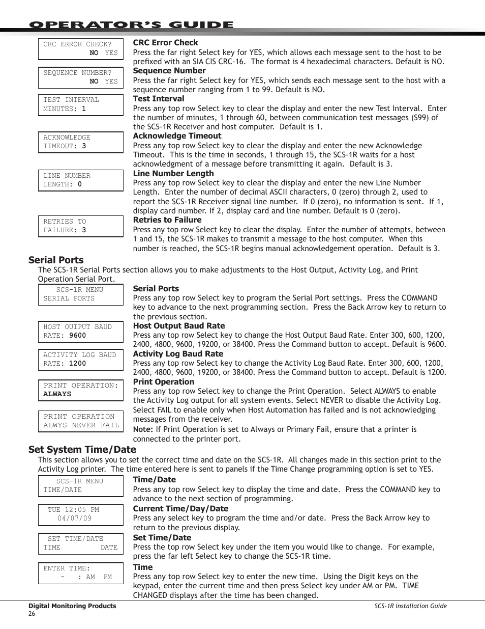 Serial ports, Set system time/date | DMP Electronics Security Control Receiver SCS-1R User Manual | Page 31 / 42