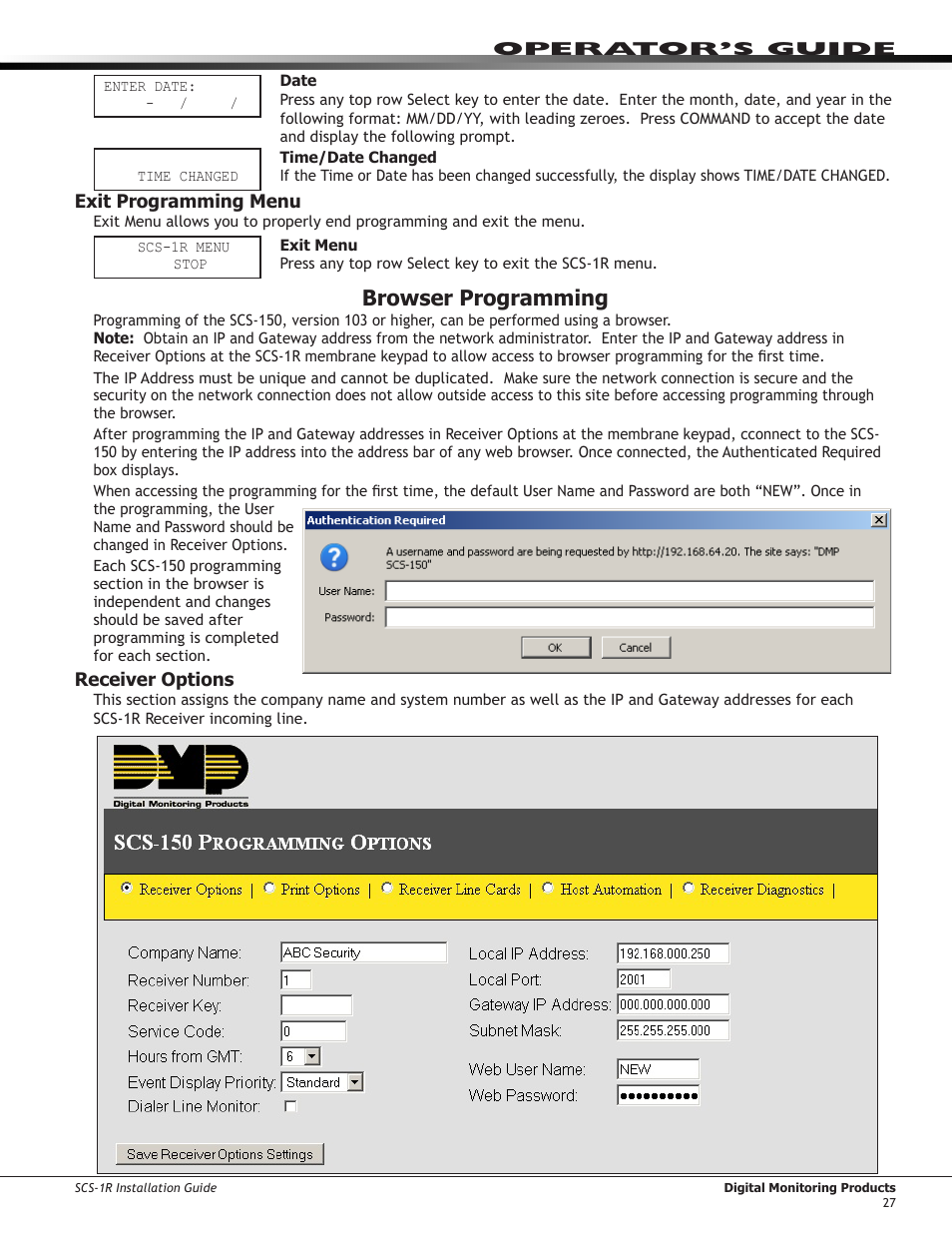 Exit programming menu, Internet browser programming, Receiver options | Browser programming | DMP Electronics Security Control Receiver SCS-1R User Manual | Page 32 / 42