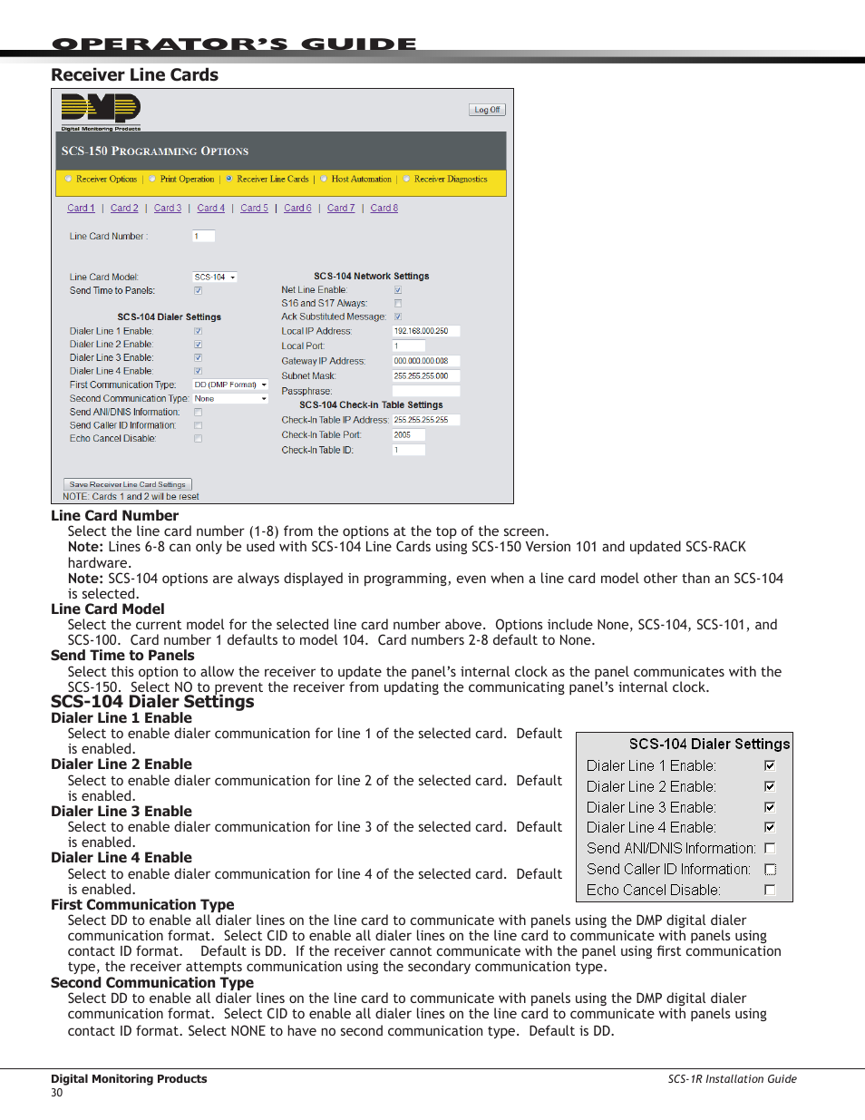 Receiver line cards, Scs-104 dialer settings | DMP Electronics Security Control Receiver SCS-1R User Manual | Page 35 / 42