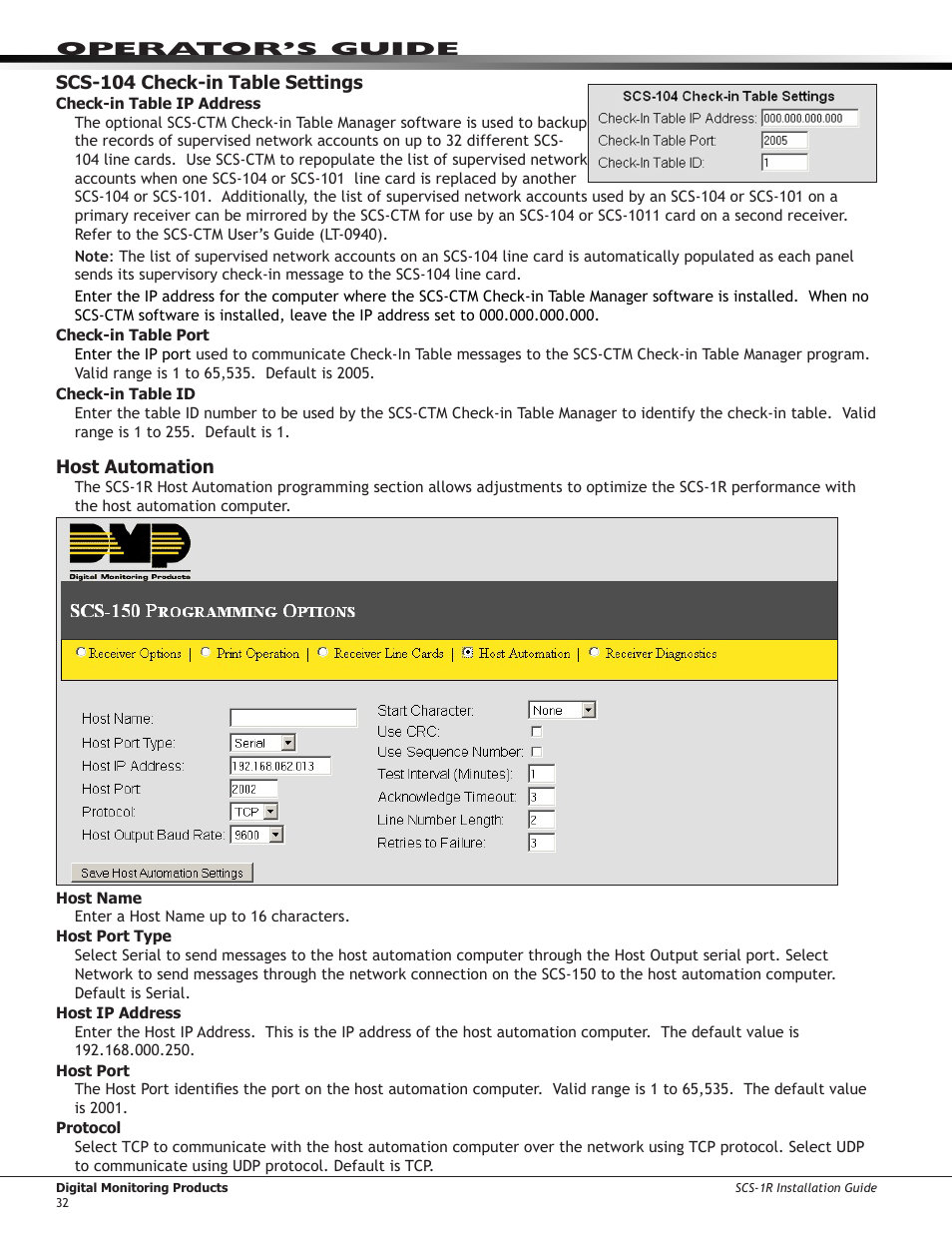 Scs-104 check-in table settings, Host automation | DMP Electronics Security Control Receiver SCS-1R User Manual | Page 37 / 42