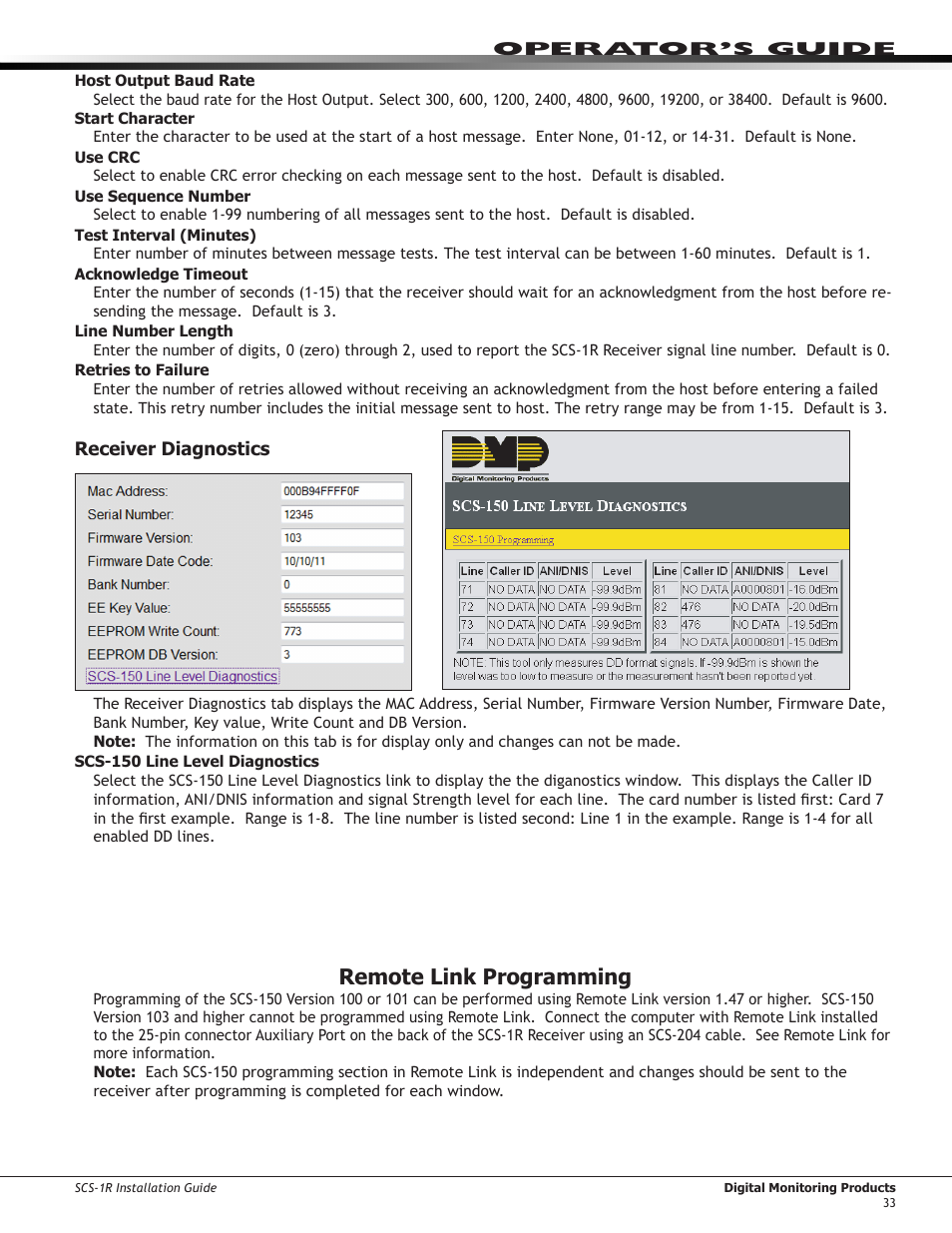 Receiver diagnostics, Remote link programming | DMP Electronics Security Control Receiver SCS-1R User Manual | Page 38 / 42