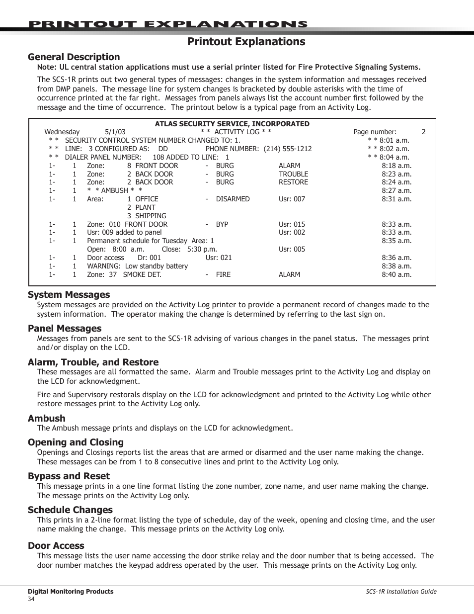 Printout explanations, General description, System messages | Panel messages, Alarm, trouble, and restore, Ambush, Opening and closing, Bypass and reset, Schedule changes, Door access | DMP Electronics Security Control Receiver SCS-1R User Manual | Page 39 / 42