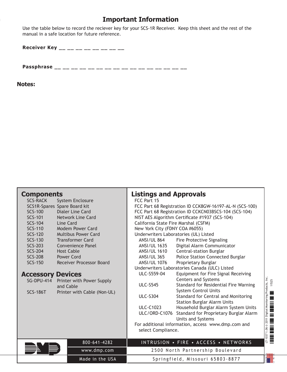 Notes, Components, Accessory devices | Listings and approvals, Important information | DMP Electronics Security Control Receiver SCS-1R User Manual | Page 42 / 42