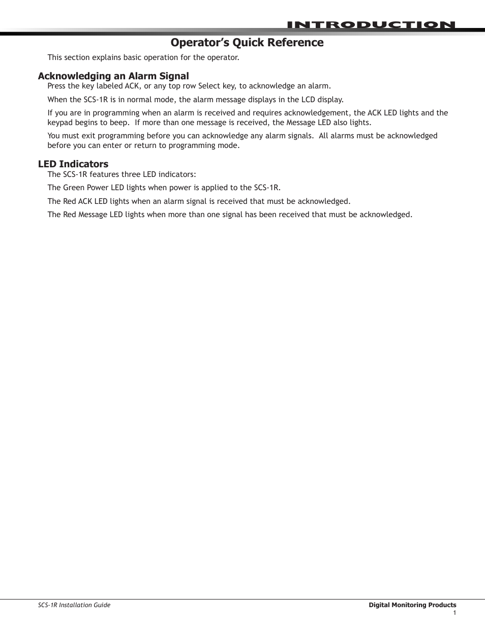 Operator’s quick reference, Acknowledging an alarm signal, Led indicators | DMP Electronics Security Control Receiver SCS-1R User Manual | Page 6 / 42