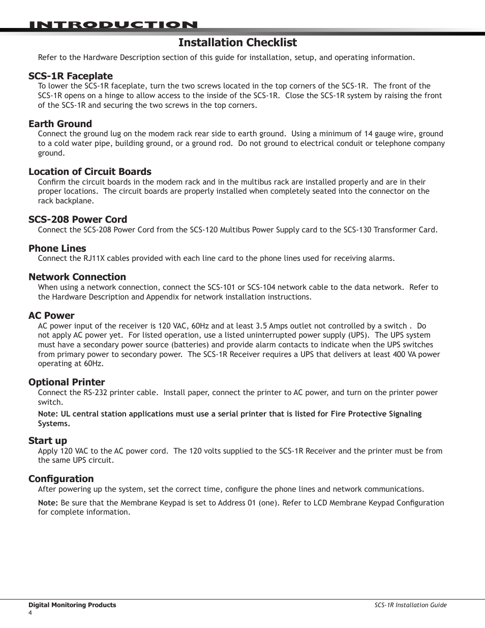 Installation checklist, Scs-1r faceplate, Earth ground | Location of circuit boards, Scs-208 power cord, Phone lines, Network connection, Ac power, Optional printer, Start up | DMP Electronics Security Control Receiver SCS-1R User Manual | Page 9 / 42