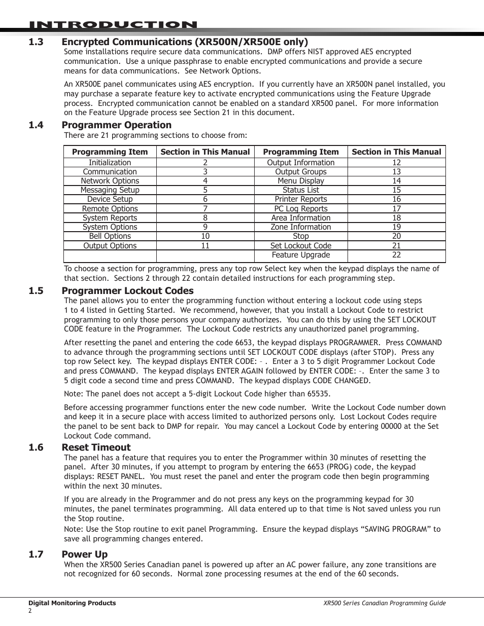 Encrypted communications (xr500n/xr500e only), Programmer operation, Programmer lockout codes | Reset timeout | DMP Electronics DMP Command Processor Panel XR500 User Manual | Page 11 / 85