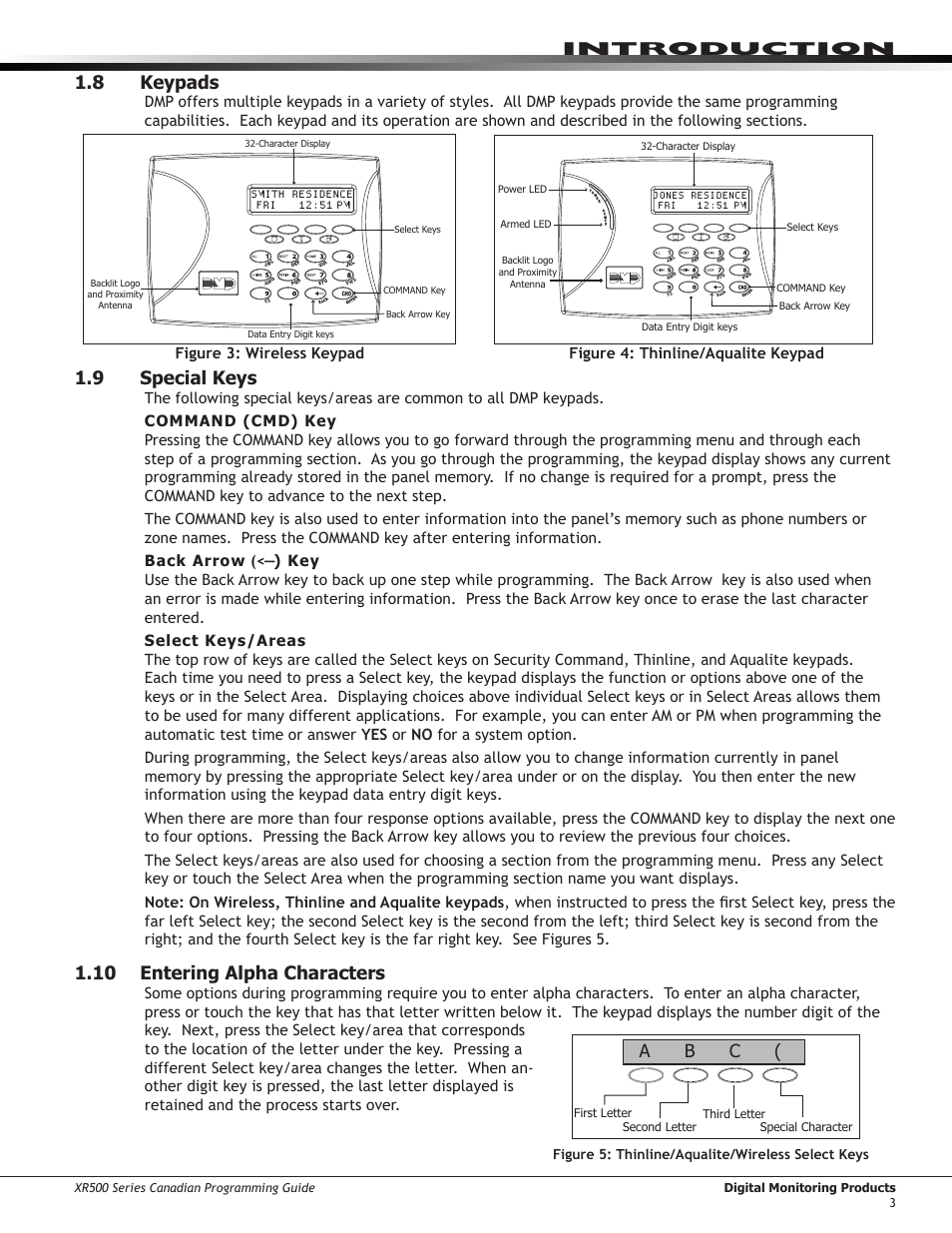 Power up, 8 keypads, Special keys | Introduction 1.8 keypads, 9 special keys, 10 entering alpha characters, C b a | DMP Electronics DMP Command Processor Panel XR500 User Manual | Page 12 / 85