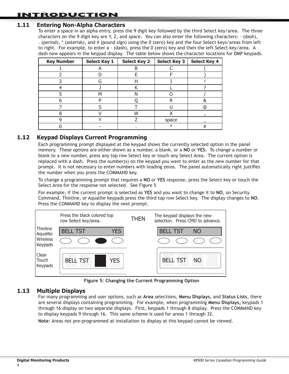 Entering alpha characters, Entering non-alpha characters, Keypad displays current programming | DMP Electronics DMP Command Processor Panel XR500 User Manual | Page 13 / 85