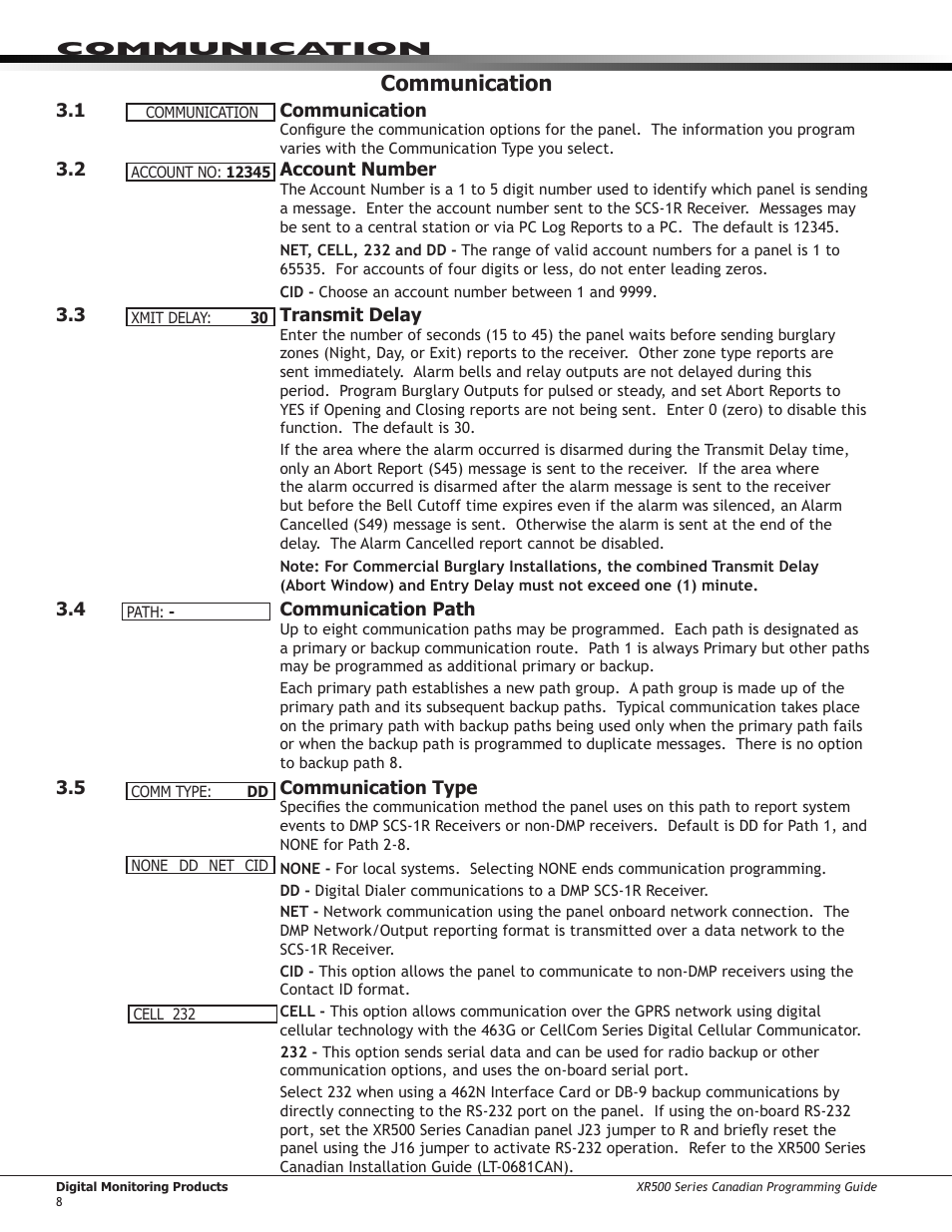 Communication, 1 communication, Account number | Transmit delay, Communication path, Communication type | DMP Electronics DMP Command Processor Panel XR500 User Manual | Page 17 / 85