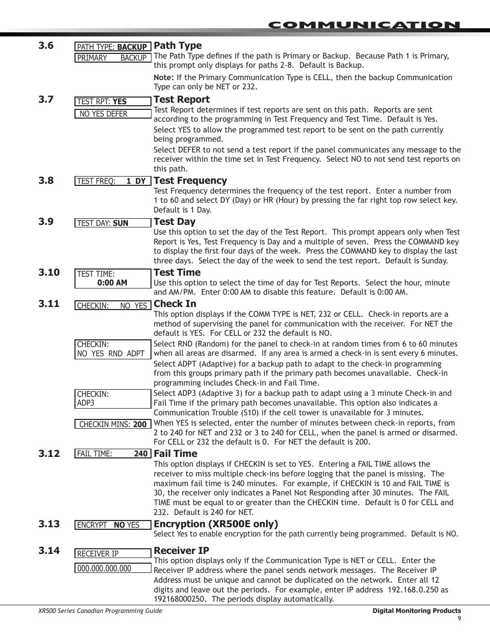 Path type, Test report, Test frequency | Test day, Test time, Check in, Fail time, Encryption (xr500e only), Receiver ip | DMP Electronics DMP Command Processor Panel XR500 User Manual | Page 18 / 85