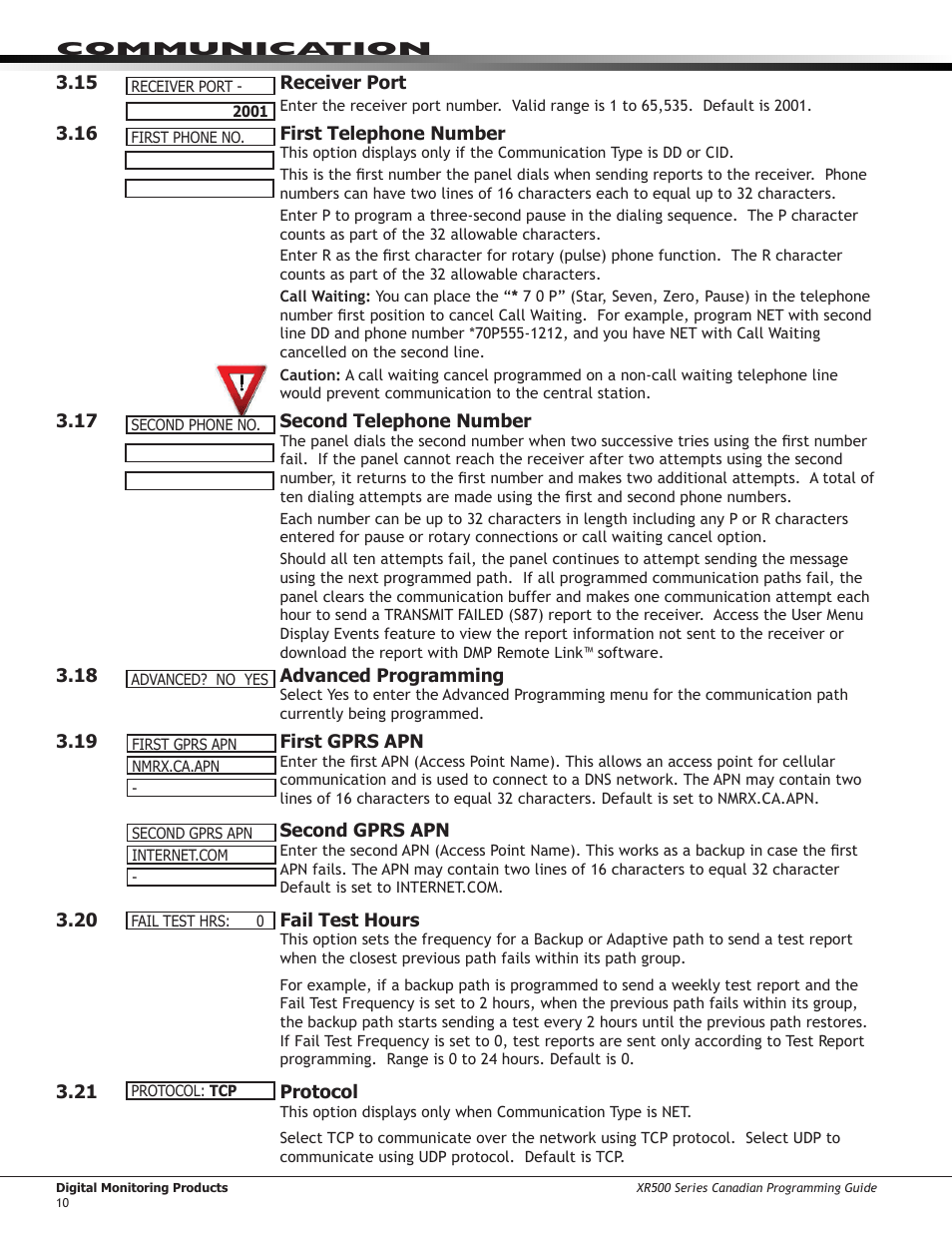 Receiver port, First telephone number, Second telephone number | Advanced programming, First gprs apn / second gprs apn, Fail test hours, 21 protocol | DMP Electronics DMP Command Processor Panel XR500 User Manual | Page 19 / 85