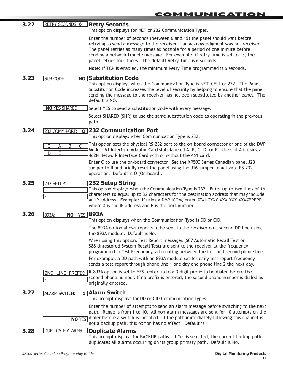 Retry seconds, Substitution code, 232 communication port | 232 setup string, 26 893a, Alarm switch, Duplicate alarms | DMP Electronics DMP Command Processor Panel XR500 User Manual | Page 20 / 85