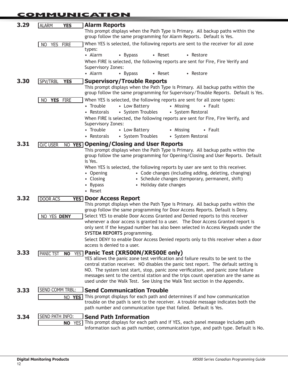 Alarm reports, Supervisory/trouble reports, Opening/closing and user reports | Door access report, Send communication trouble, 34 send, Path information | DMP Electronics DMP Command Processor Panel XR500 User Manual | Page 21 / 85