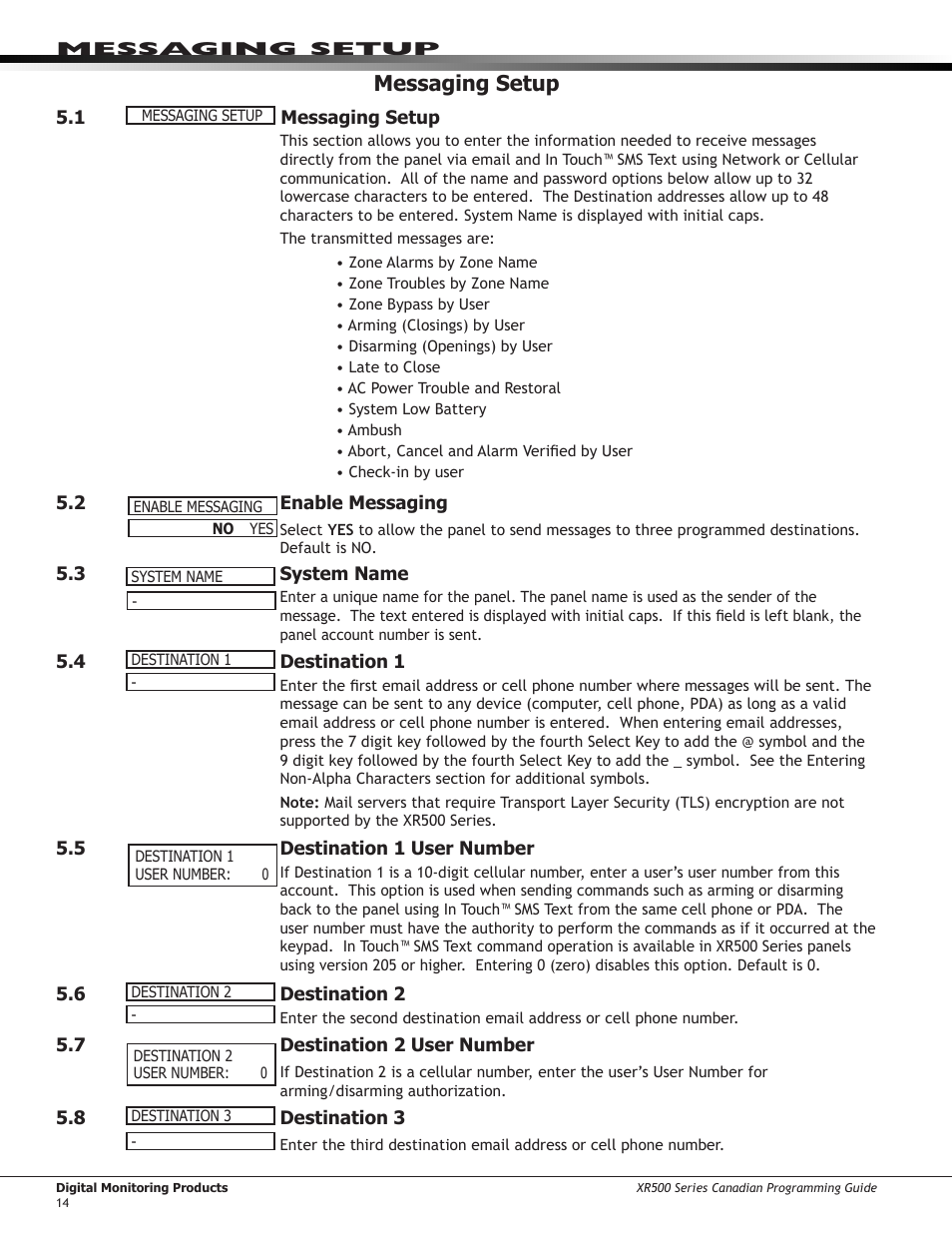 Messaging setup, Enable messaging, System name | Destination 1, Destination 1 user number, Destination 2, Destination 2 user number, Destination 3 | DMP Electronics DMP Command Processor Panel XR500 User Manual | Page 23 / 85