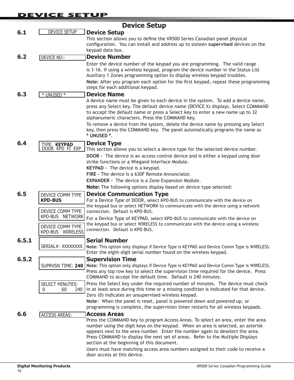 Device setup, 1 ￼ device setup, 2 device number | 3 ￼ device name, 4 ￼ device type, 5 wireless, 1 ￼ serial number, 2 ￼ supervision time, 6 access areas, Device number | DMP Electronics DMP Command Processor Panel XR500 User Manual | Page 25 / 85