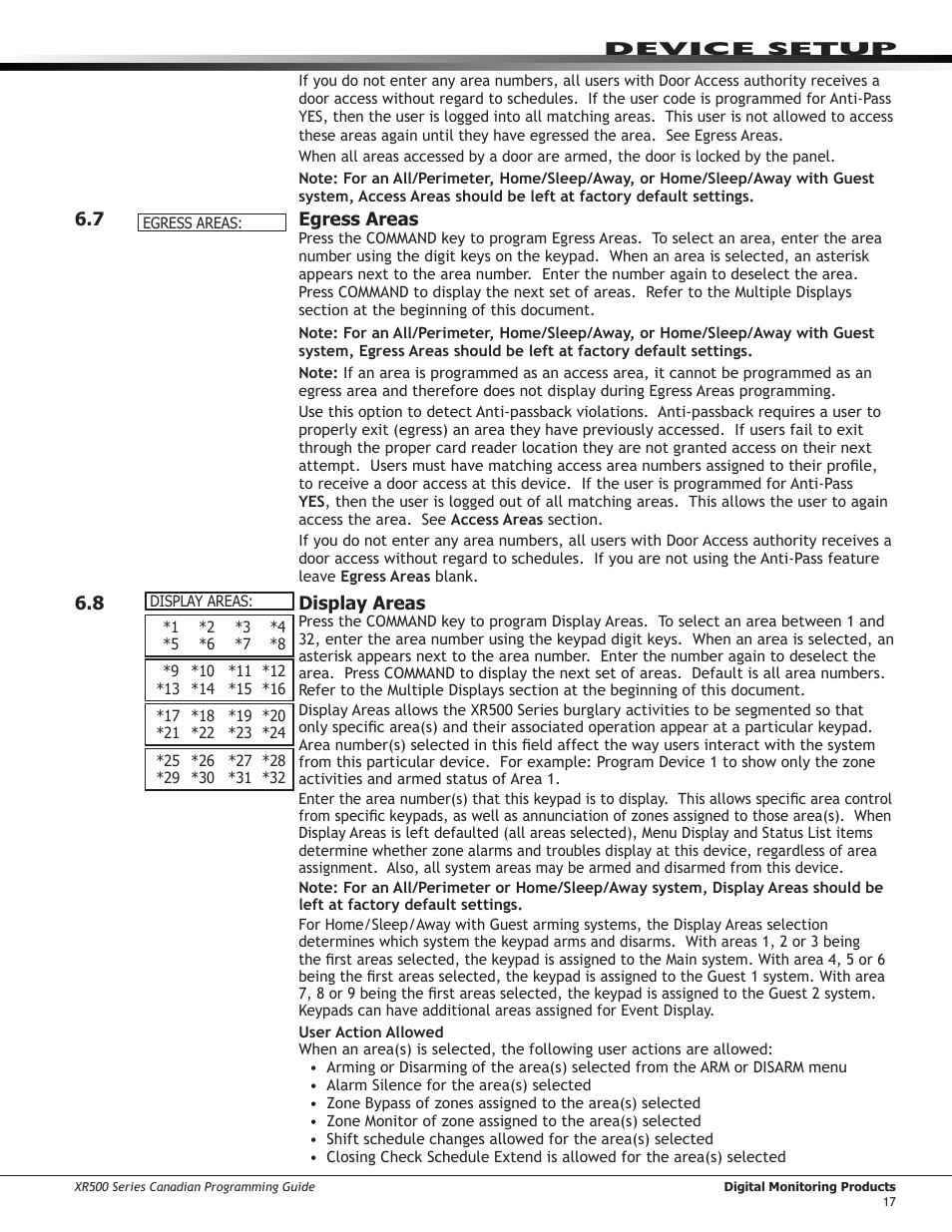 5 egress areas, 6 ￼ display areas, Egress areas | Display areas | DMP Electronics DMP Command Processor Panel XR500 User Manual | Page 26 / 85