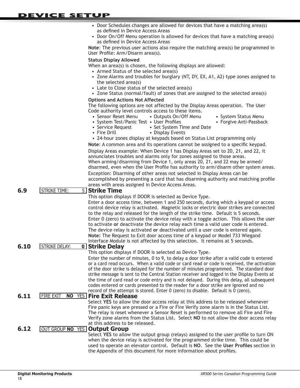 7 ￼ strike time, 8 ￼ strike delay, 9 ￼ fire exit release | 10 ￼ output group, 11 ￼ schedule override, Strike time, Strike delay, Fire exit release, Output group, Schedule override | DMP Electronics DMP Command Processor Panel XR500 User Manual | Page 27 / 85