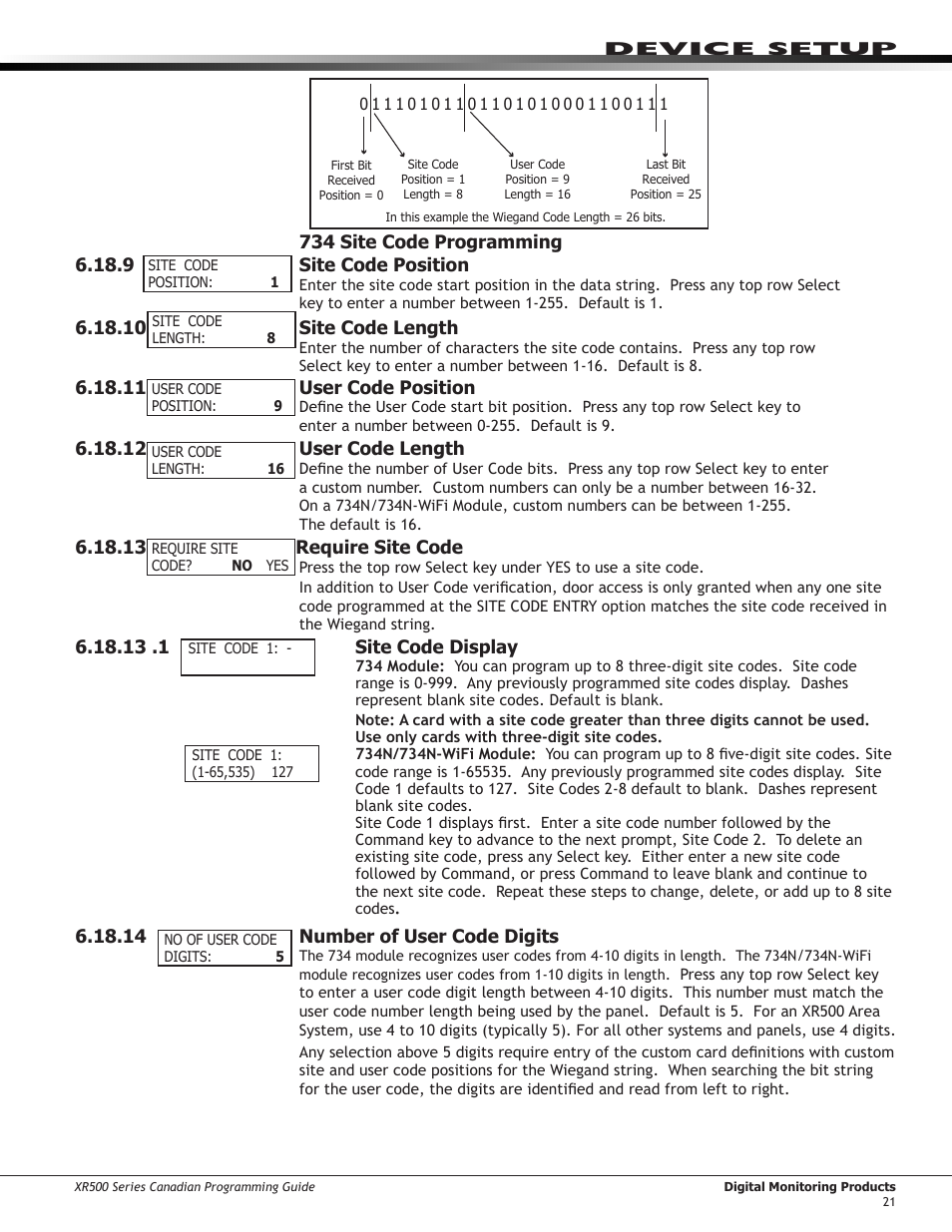 3 ￼ user code position, 4 ￼ user code length, 9 ￼ require site code | 9 .1 ￼ site code display, 10 ￼ number of user code digits, 11 degraded mode, 11 user code position, 12 user code length, 13 require site code, 1 site code display | DMP Electronics DMP Command Processor Panel XR500 User Manual | Page 30 / 85