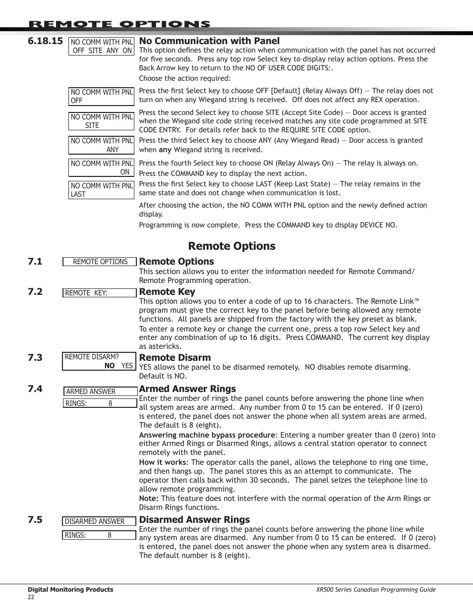 Remote options, 1 ￼ remote options, 2 ￼ remote key | 3 remote disarm, 1 armed answer rings, 2 disarmed answer rings, Remote key, Remote disarm, Armed answer rings, Disarmed answer rings | DMP Electronics DMP Command Processor Panel XR500 User Manual | Page 31 / 85