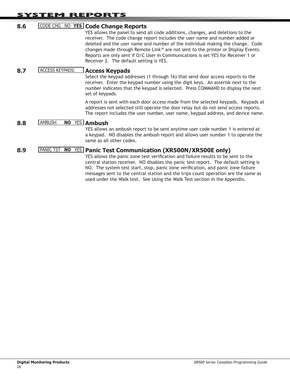 8 ￼ ambush, 9 ￼ panic test communication (xr500n/xr500e only), 8 ambush | Panic test communication (xr500n/xr500e only) | DMP Electronics DMP Command Processor Panel XR500 User Manual | Page 35 / 85