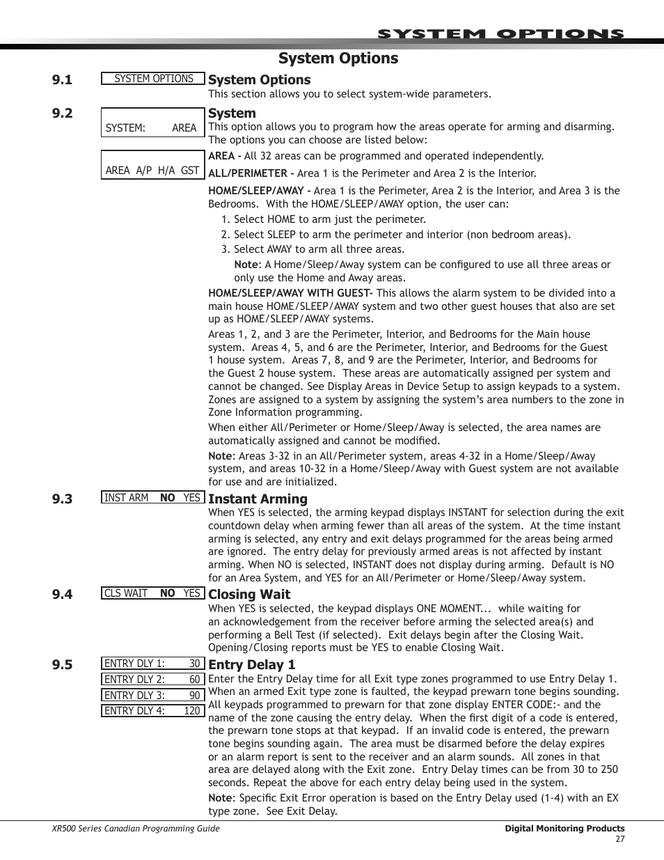 System options, 1 ￼ system options, 2 ￼ system | 3 ￼ instant arming, 4 ￼ closing wait, 5 ￼ entry delay 1, 2 system, Instant arming, Closing wait, Entry delay 1 | DMP Electronics DMP Command Processor Panel XR500 User Manual | Page 36 / 85