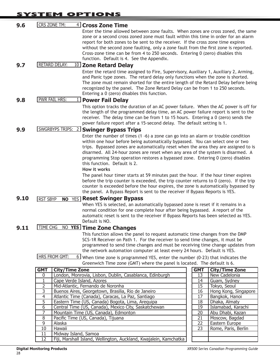 6 ￼ cross zone time, 7 ￼ zone retard delay, 8 ￼ power fail delay | 9 ￼ swinger bypass trips, 10 ￼ reset swinger bypass, 11 ￼ time zone changes, Cross zone time, Zone retard delay, Power fail delay, Swinger bypass trips | DMP Electronics DMP Command Processor Panel XR500 User Manual | Page 37 / 85