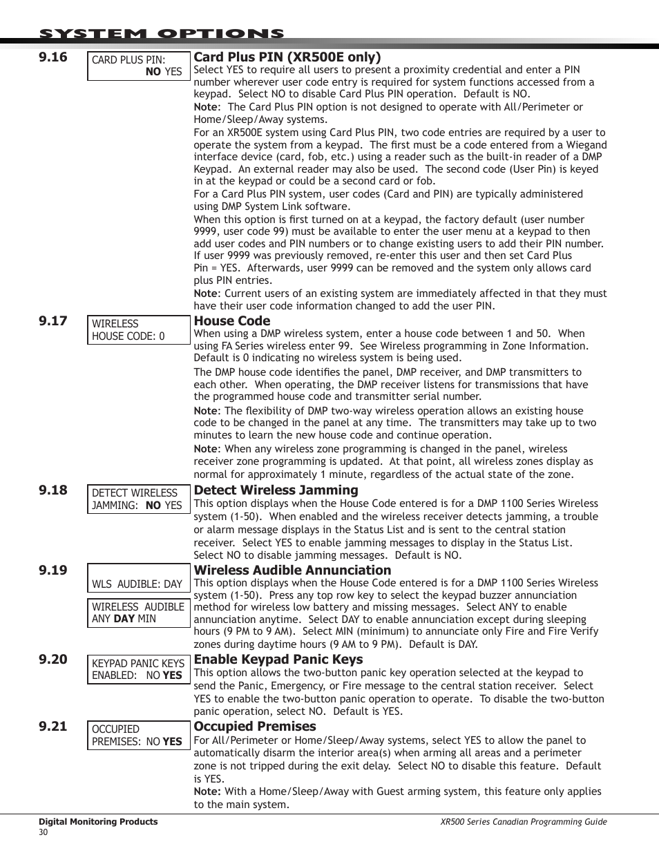 15 ￼ bypass limit, 16 ￼ card plus pin (xr500e only), 17 ￼ house code | 18 ￼ detect wireless jamming, Bypass limit, Card plus pin (xr500e only), House code, Detect wireless jamming | DMP Electronics DMP Command Processor Panel XR500 User Manual | Page 39 / 85