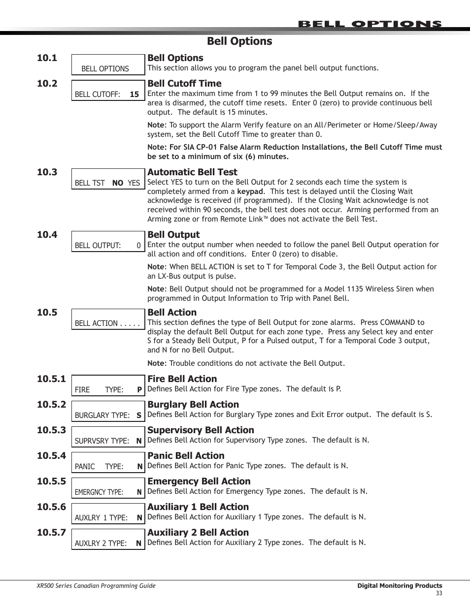 Output options, 1 ￼ output options, 1 ￼ cutoff output | 2 ￼ output cutoff time, 3 ￼ communication trouble output, 4 ￼ fire alarm output, 5 ￼ fire trouble output, 1 cutoff output, 2 output cutoff time, Communication trouble output | DMP Electronics DMP Command Processor Panel XR500 User Manual | Page 42 / 85