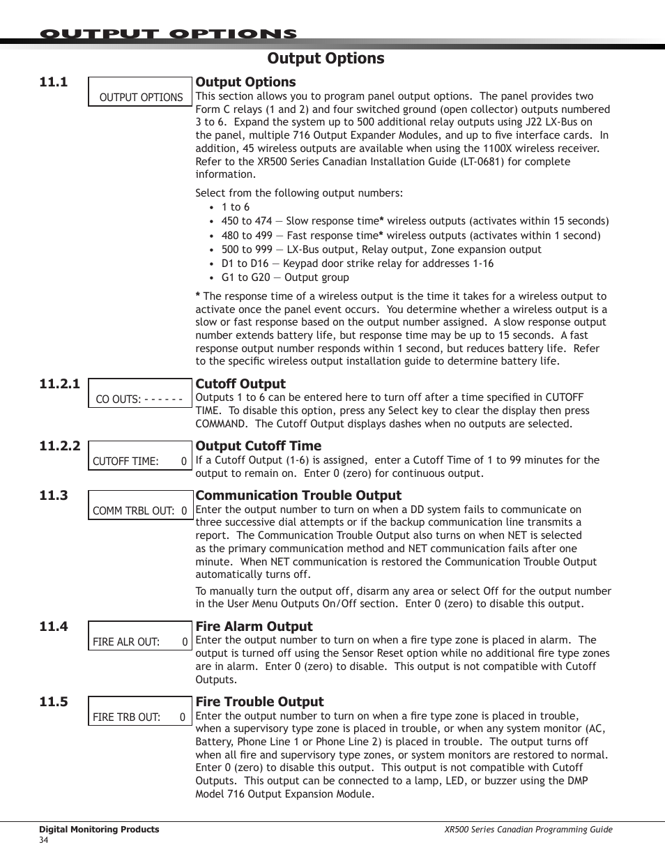 6 ￼ panic alarm output, 7 ￼ ambush output, 8 ￼ entry output | 9 ￼ exit output, 10 ￼ ready output, 11 ￼ telephone trouble output, 12 ￼ late to close output, 13 ￼ device fail output, 14 ￼ sensor reset output, Panic alarm output | DMP Electronics DMP Command Processor Panel XR500 User Manual | Page 43 / 85