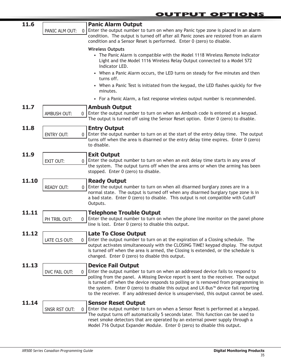 15 ￼ closing wait output, 16 ￼ arm-alarm output, Closing wait output | Arm-alarm output | DMP Electronics DMP Command Processor Panel XR500 User Manual | Page 44 / 85