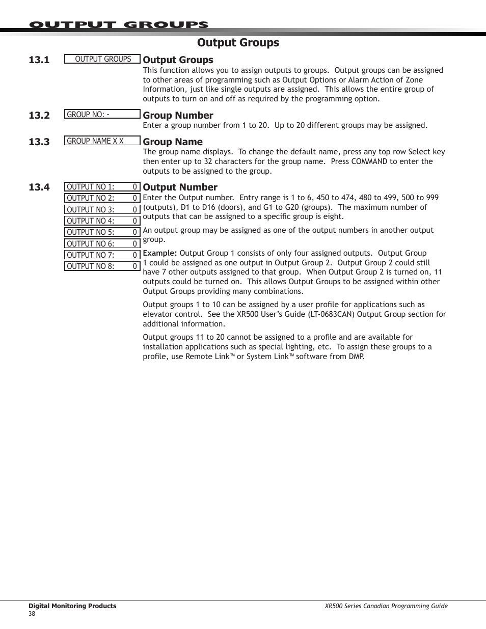 Menu display, 1 ￼ menu display, 2 ￼ armed status | 3 ￼ time, 4 ￼ arm/disarm, Armed status, 3 time, 4 arm/disarm, Output groups | DMP Electronics DMP Command Processor Panel XR500 User Manual | Page 47 / 85