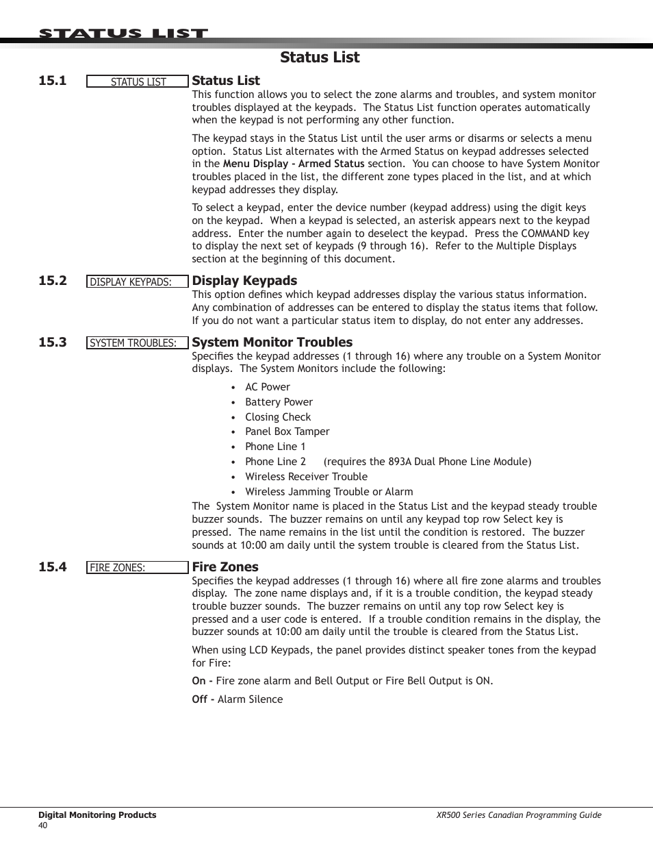 5 ￼ burglary zones, 6 ￼ supervisory zones, 7 ￼ panic zones | 8 ￼ emergency zones, 9 ￼ auxiliary 1 zones, 10 ￼ auxiliary 2 zones, 11 ￼ communication trouble, Burglary zones, Supervisory zones, Panic zones | DMP Electronics DMP Command Processor Panel XR500 User Manual | Page 49 / 85