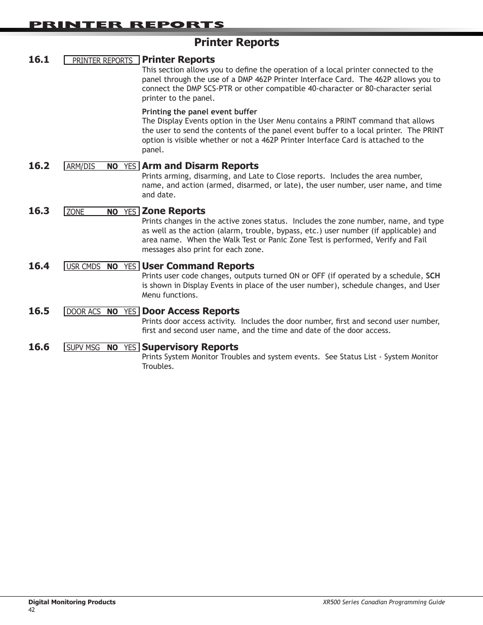 Pc log reports, 1 ￼ pc log reports, 2 ￼ communication type | 3 ￼ net ip address, 4 ￼ net port, 5 ￼ 232 communication port, 6 ￼ 232 setup, 7 ￼ arm and disarm reports, 8 ￼ zone reports, 9 ￼ user command reports | DMP Electronics DMP Command Processor Panel XR500 User Manual | Page 51 / 85