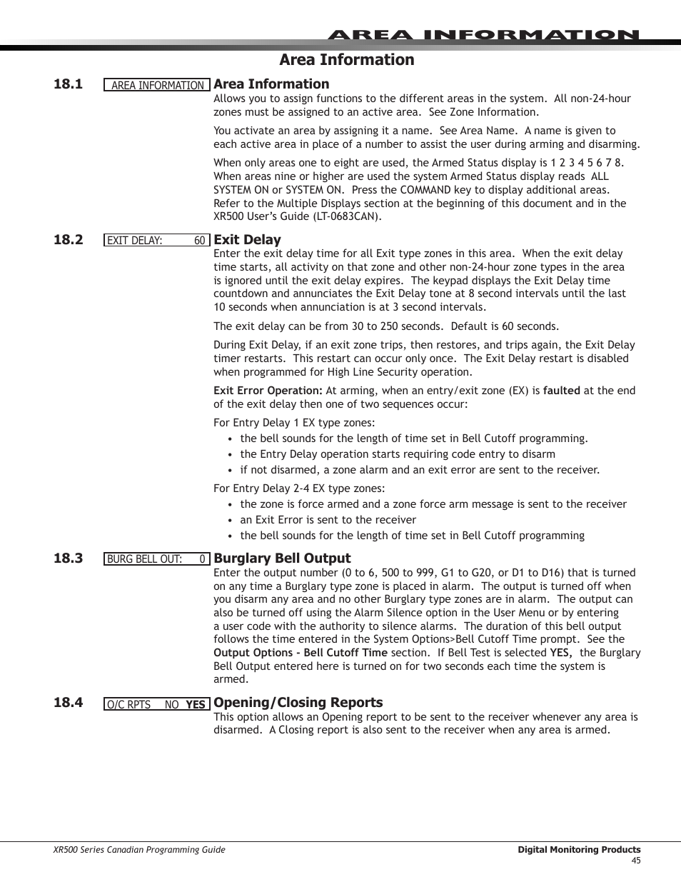 5 ￼ closing check, 6 ￼ closing code, 7 ￼ any bypass | 8 ￼ area schedules, 9 ￼ early morning ambush (xr500n/xr500e only), 10 ￼ area number, 1 all/perimeter programming, Closing check, Closing code, Any bypass | DMP Electronics DMP Command Processor Panel XR500 User Manual | Page 54 / 85