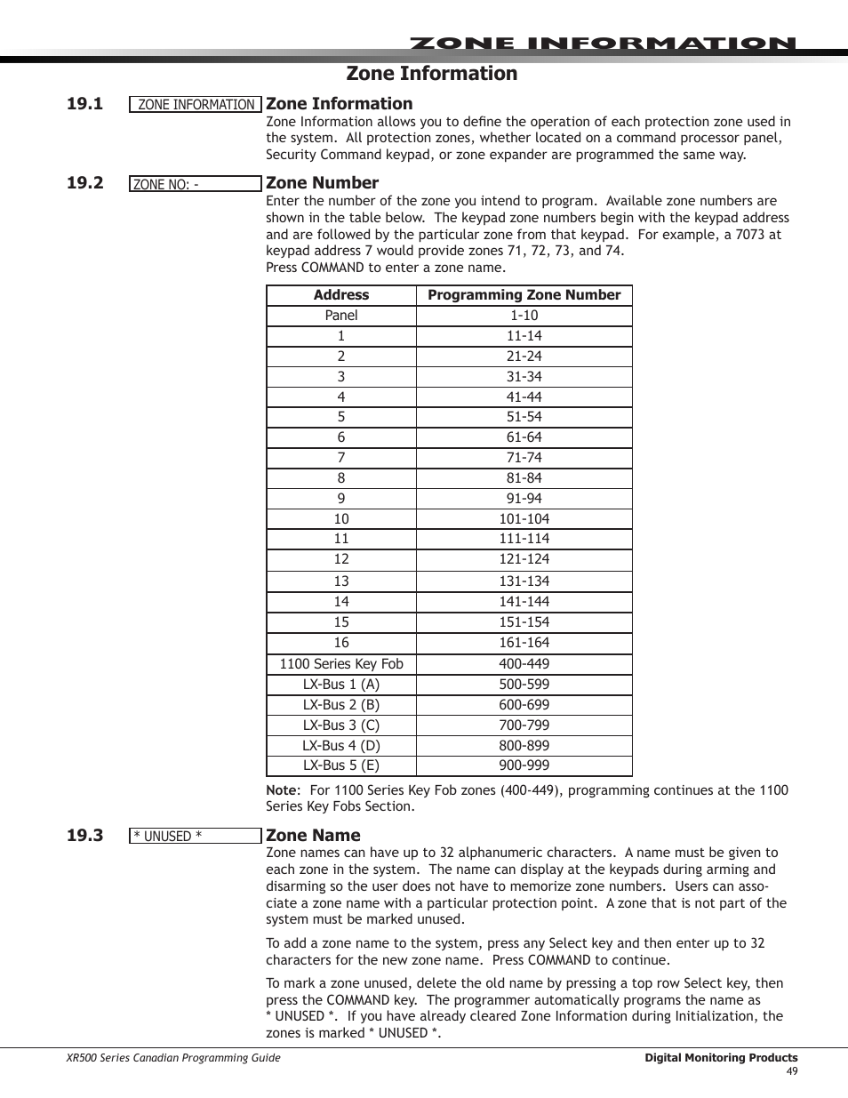 4 ￼ zone type, 5 ￼ area assignment, 6 ￼ fire bell output | Zone type, Area assignment, Fire bell output, Zone information | DMP Electronics DMP Command Processor Panel XR500 User Manual | Page 58 / 85