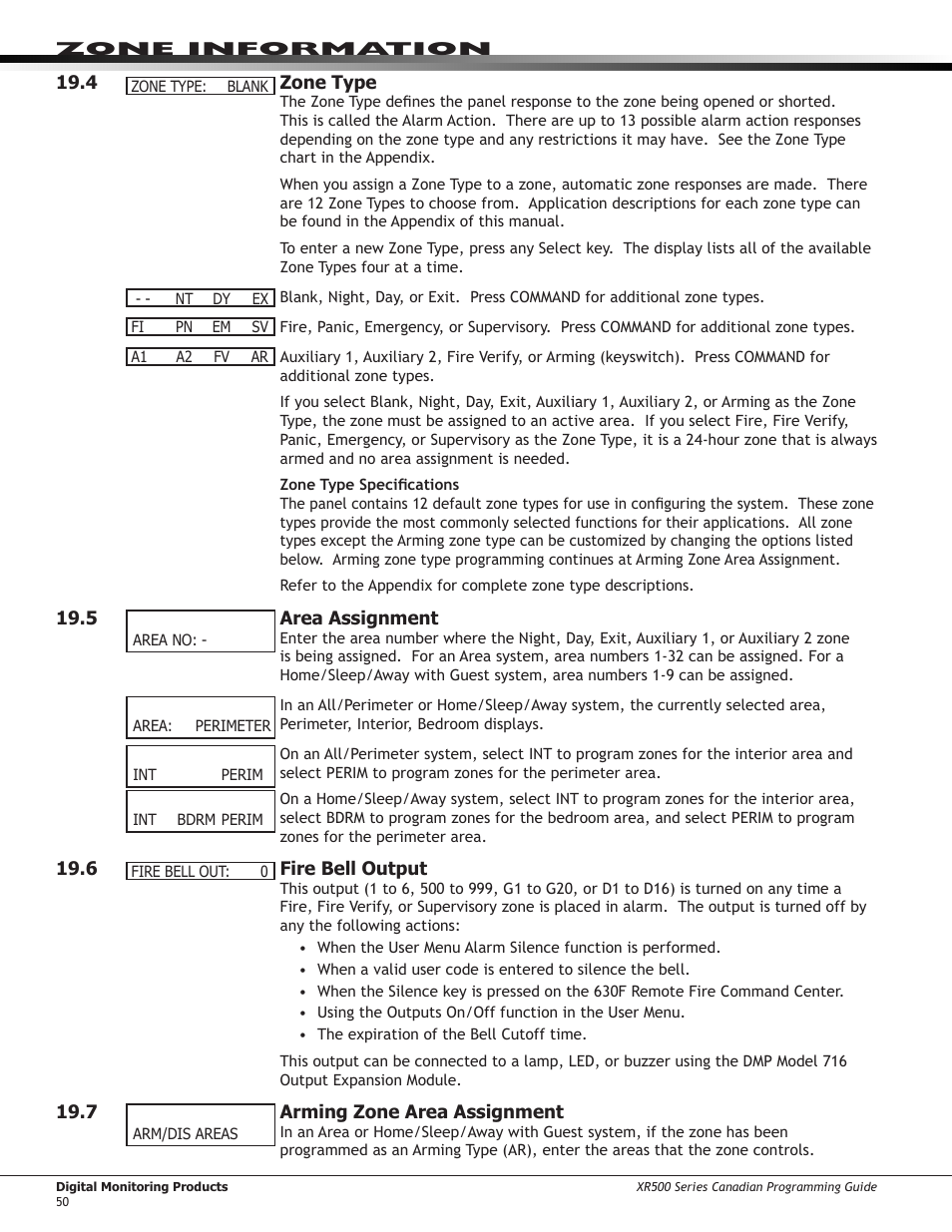 7 ￼ arming zone area assignment, 8 ￼ style, Arming zone area assignment | 8 style | DMP Electronics DMP Command Processor Panel XR500 User Manual | Page 59 / 85