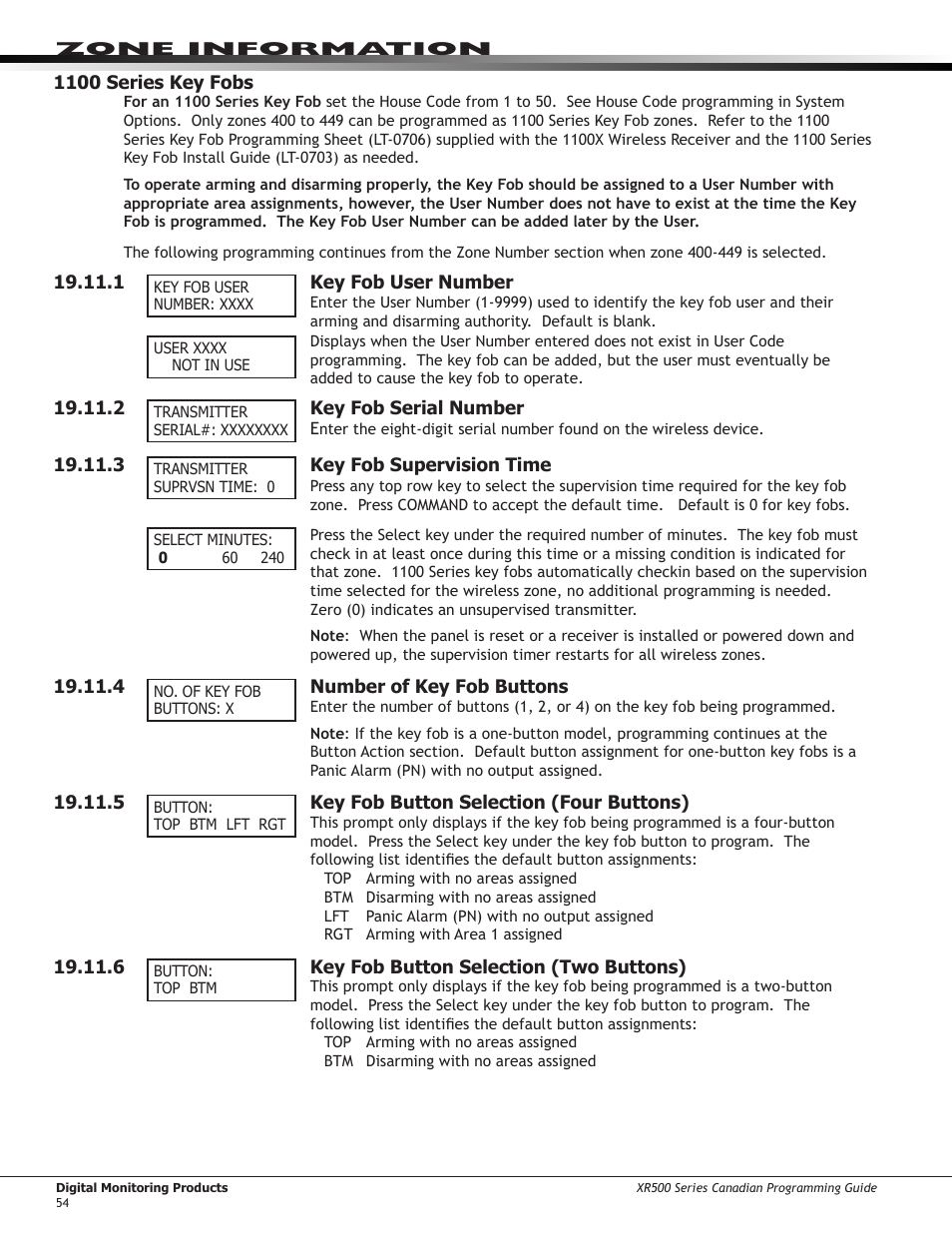 7 ￼ button action, 8 ￼ button press time, 9 ￼ arm/disarm area selection | 7 button action, 8 button press time, 9 arm/disarm area selection | DMP Electronics DMP Command Processor Panel XR500 User Manual | Page 63 / 85