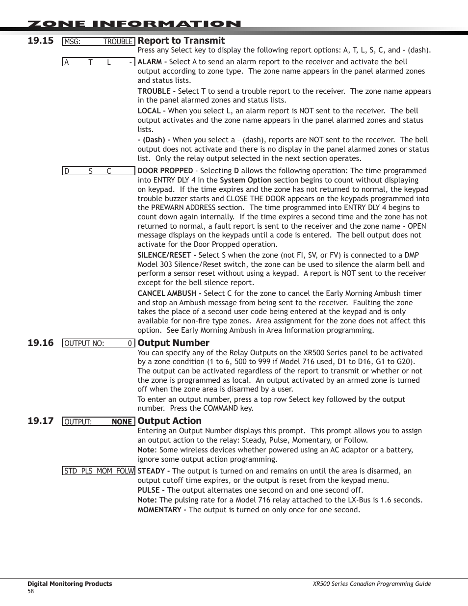 18 ￼ swinger bypass, 19 ￼ prewarn keypad addresses, 20 ￼ entry delay | 21 ￼ zone retard delay, 22 ￼ presignal keypad addresses, 23 ￼ fast response, 24 ￼ cross zone, Swinger bypass, Prewarn keypad addresses, Entry delay | DMP Electronics DMP Command Processor Panel XR500 User Manual | Page 67 / 85