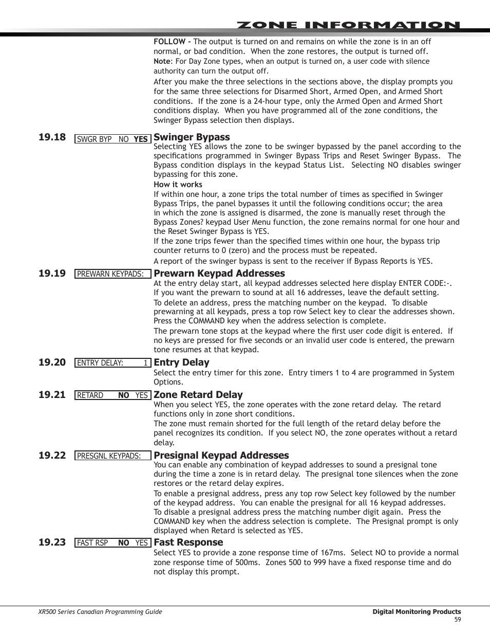 25 ￼ priority, 26 fire panel slave input, 27 area follower | 28 zone real-time status, 1 door number, 29 ￼ zone audit days, 30 report with account number for area, 25 priority, Fire panel slave input, Area follower | DMP Electronics DMP Command Processor Panel XR500 User Manual | Page 68 / 85