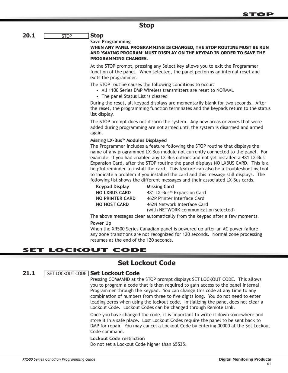 Feature upgrade, 1 ￼ feature upgrade, 1 ￼ encryption | 2 ￼ all no yes option, 3 ￼ service user authentication, 1 encryption, 2 all no yes option, 3 service user authentication, Stop, Set lockout code | DMP Electronics DMP Command Processor Panel XR500 User Manual | Page 70 / 85