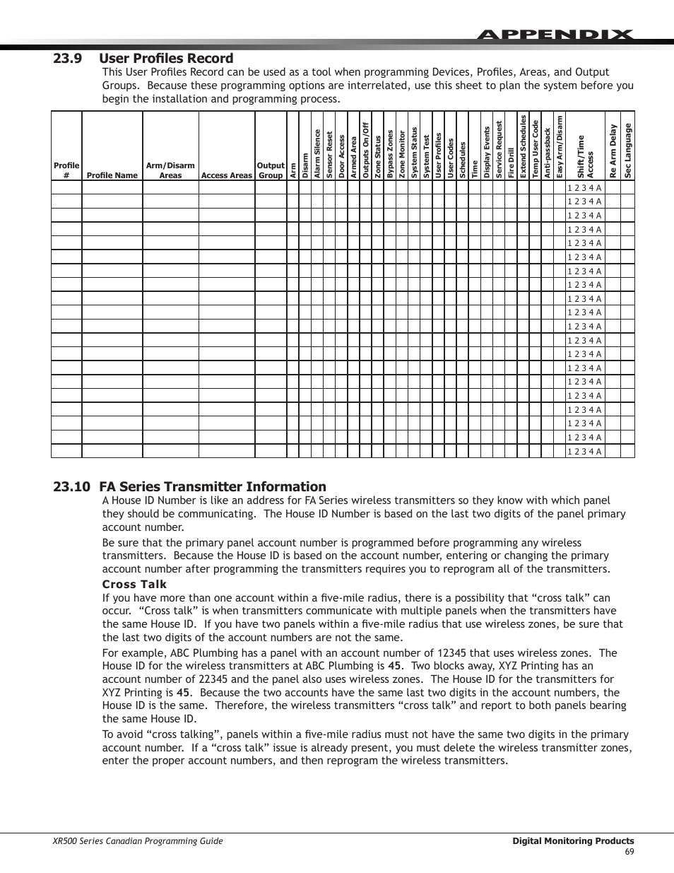 12 zone type specifications, 1 wireless check-in and supervision definitions, Zone type specifications | Appendix 23.9 user profiles record, 10 fa series transmitter information | DMP Electronics DMP Command Processor Panel XR500 User Manual | Page 78 / 85