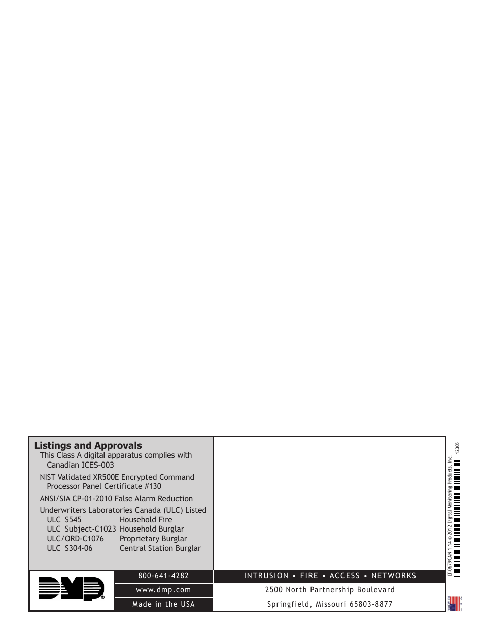 Listings and approvals | DMP Electronics DMP Command Processor Panel XR500 User Manual | Page 85 / 85