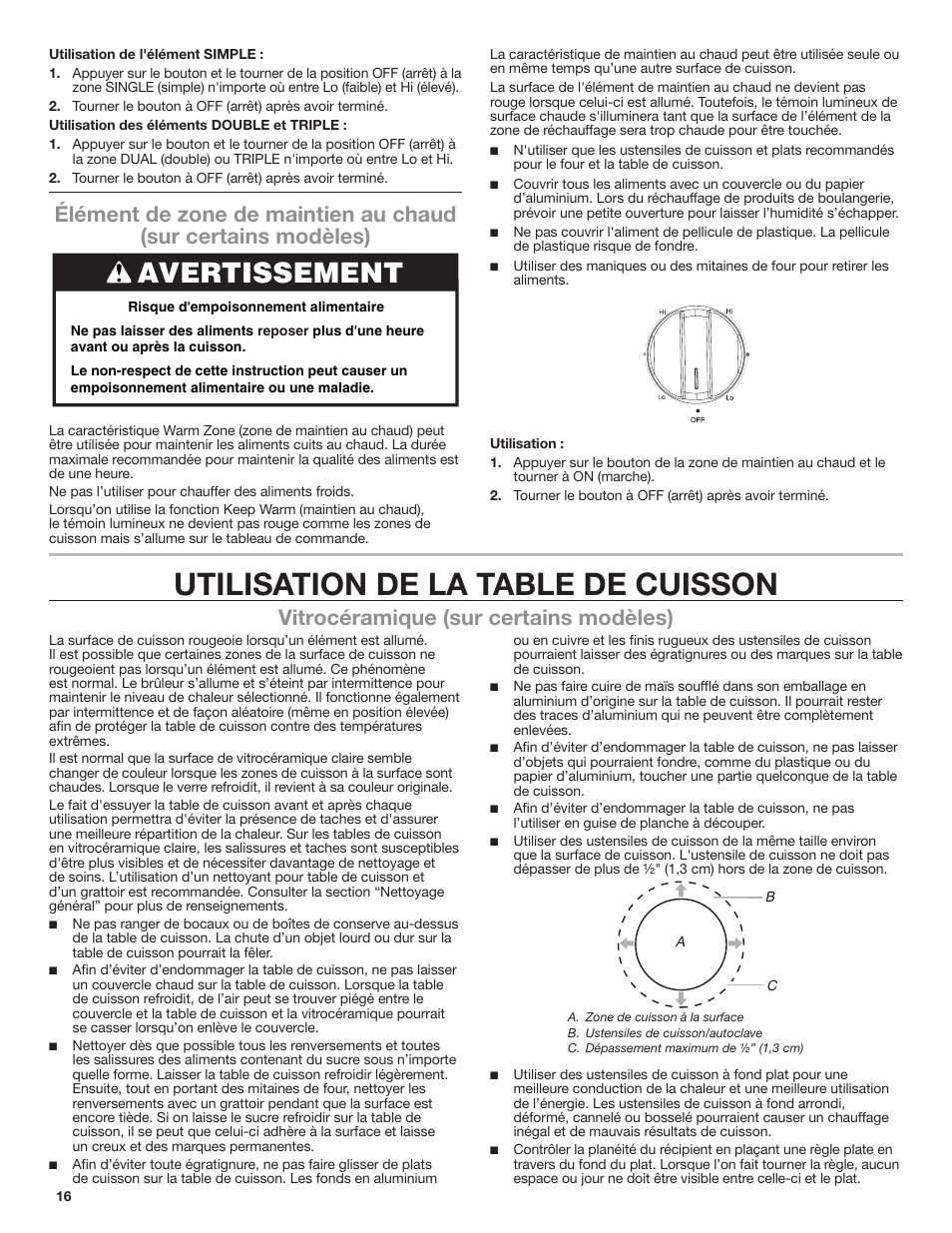 Utilisation de la table de cuisson, Avertissement, Vitrocéramique (sur certains modèles) | Whirlpool 30 Inch Electric Cooktop Use and Care Guide User Manual | Page 16 / 21