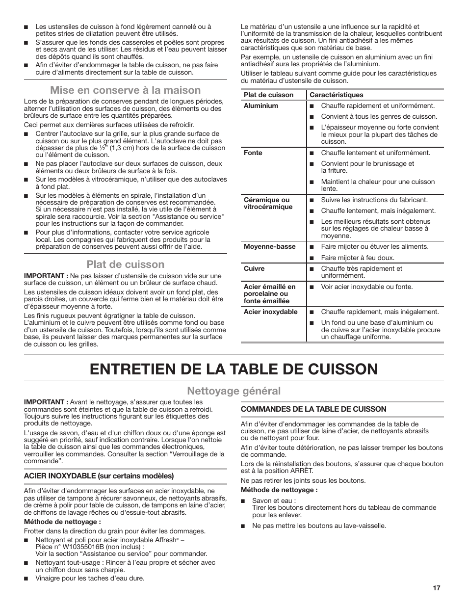 Entretien de la table de cuisson, Mise en conserve à la maison, Plat de cuisson | Nettoyage général | Whirlpool 30 Inch Electric Cooktop Use and Care Guide User Manual | Page 17 / 21