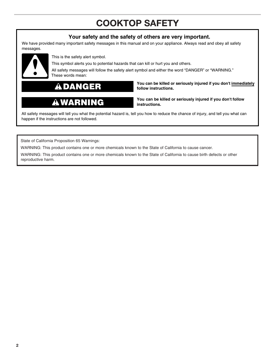 Range safety, Cooktop safety, Danger warning | Whirlpool 30 Inch Electric Cooktop Use and Care Guide User Manual | Page 2 / 21